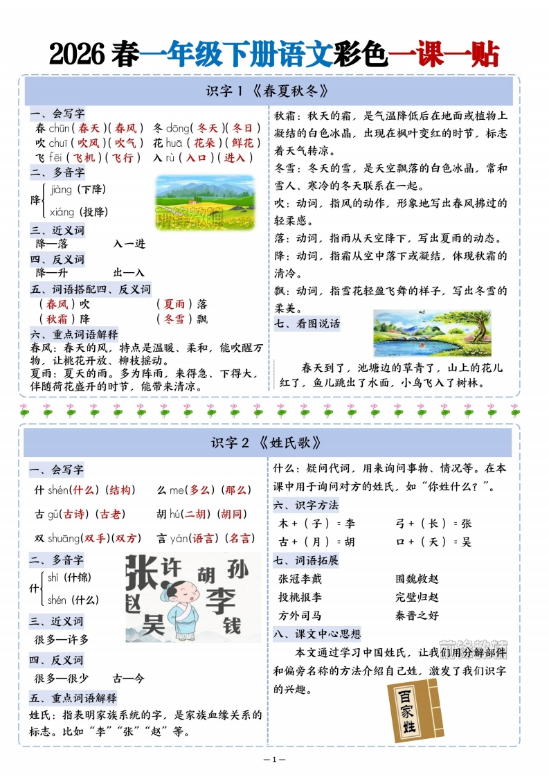 2026春一年级下册语文1-8单元重点知识彩色一课一贴_-985文库
