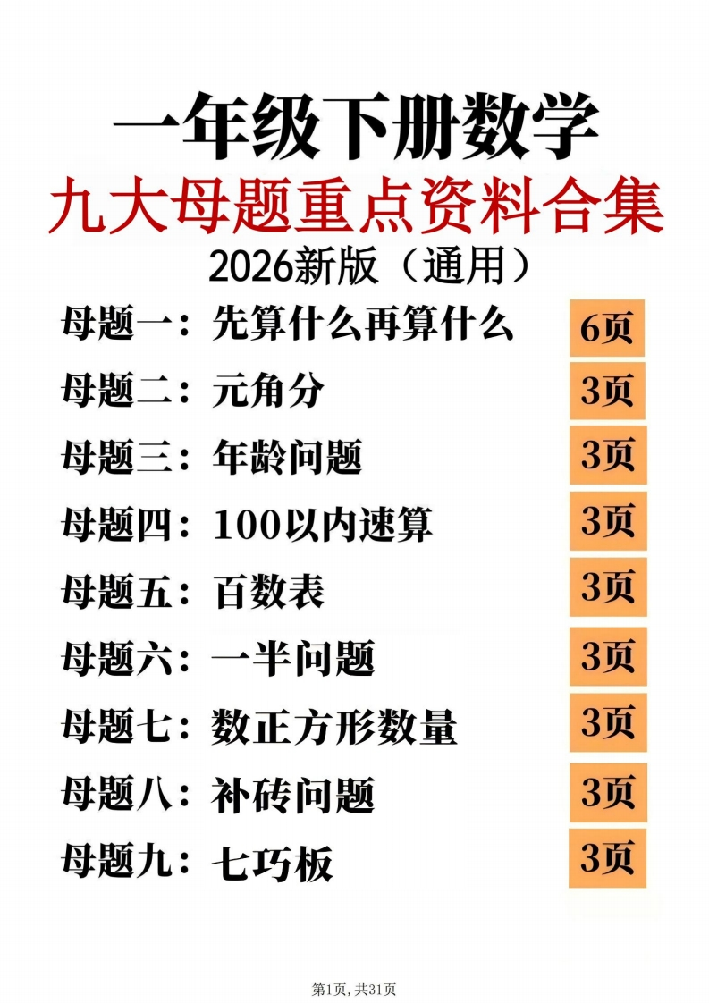 26新一年级下册数学九大母题思维重点专项练习（31页）-985文库