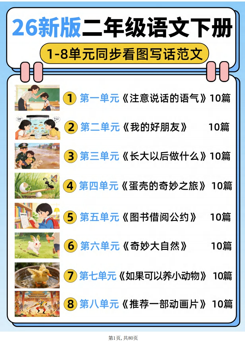 26春二年级下册语文1-8单元同步看图写话范文-985文库