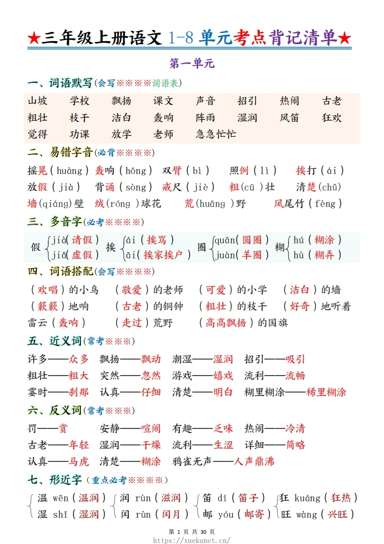 26秋三年级上册语文1-8单元考点背记清单-985文库