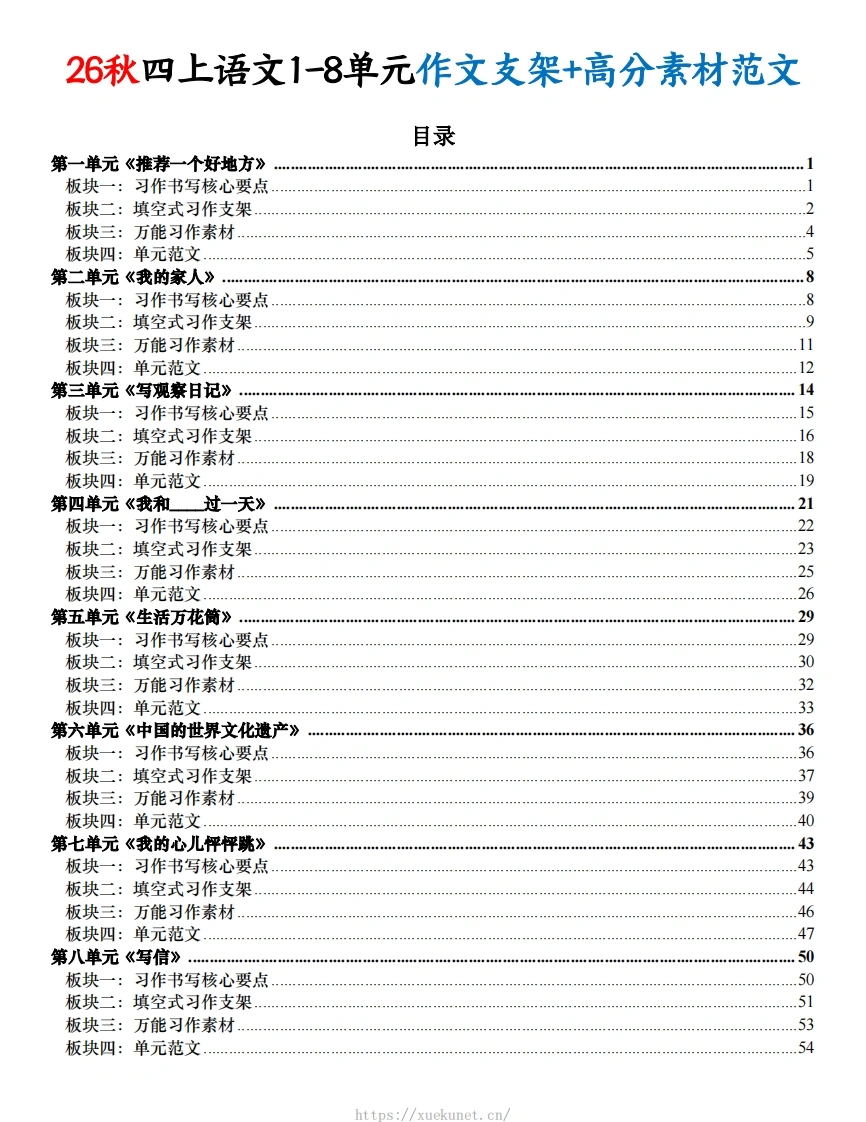 26秋四上语文1-8单元作文支架及优秀高分素材范文-985文库