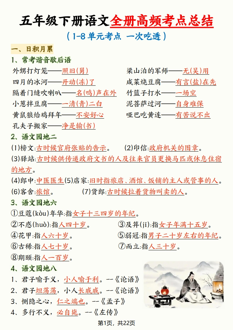 五年级下册语文全册高频考点总结22页-985文库