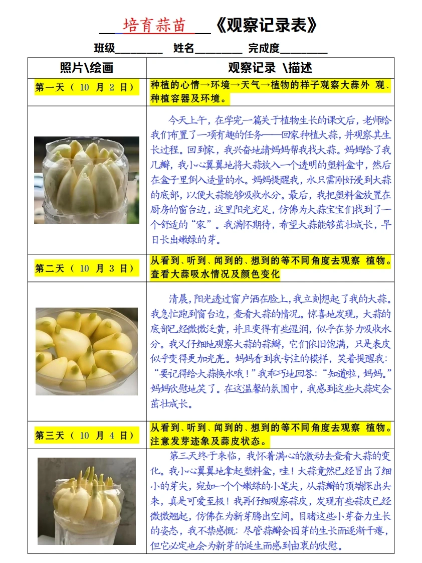 新四上语文习作三：培育蒜苗观察日记3《写观察日记》4页-985文库